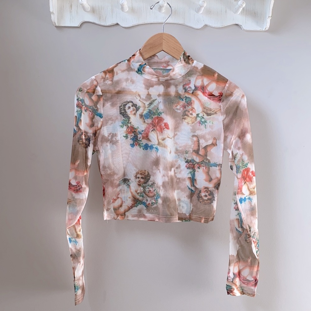 Floral Cherub Long Sleeve Crop Top  ~ Brand New - Picture 3 of 10
